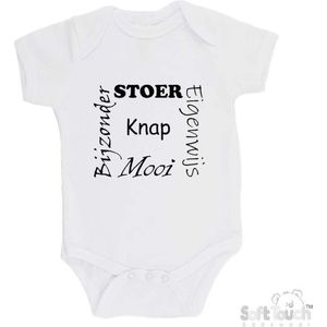 100% katoenen Romper ""Stoer Eigenwijs Mooi Bijzonder Knap"" Unisex Katoen Wit/zwart 56/62