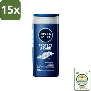 15 x NIVEA Men Douchegel Protect & Care 250 ml - Grootverpakking - Douchegel Mannen - Lichaam En Haar Verzorging - Aloë Vera Douchegel - PH-huidneutraal - Hydraatende Douchegel