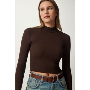 Happinessistanbul Donkerbruine, Geribbelde Crop-Gebreide Damesblouse Met Col Gt00059