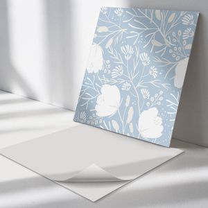 Wallfluent Vinyl Wandpaneel - Achtergrond met bloemenpatroon Zelfklevend Wandpaneel - 50 cm x 50 cm - Blauw PVC wandpaneel - Set van 4 - Vierkant Wandbekleding Vinyl - Bloemen Wandpaneel - PVC Muurpaneel - Wandpaneel Keuken en Badkamer