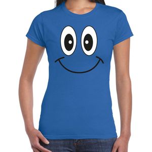 Bellatio Decorations Verkleed T-shirt voor dames - Smile / Emoticon - blauw - carnaval - feestkleding XL