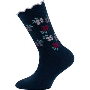 Ewers Kindersokken Meisjes - Bloemetjes en Fijne Rib - Ruche Randje - Donkerblauw -23/26