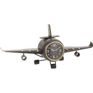 J-Line Vliegtuig klok - metaal - grijs & goud - Ø 42 cm - woonaccessoires