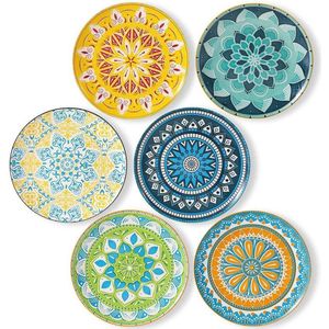 Dinerborden set van 6 - 25 cm grote porseleinen ronde borden - platte kleurrijke patronen - vaatwasser | magnetron | ovenbestendig borden set