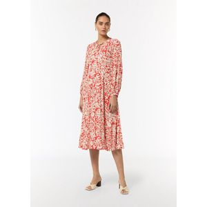 COMMA - Jurk - Ecru / Zalm Roze - Crêpe - Bloemenprint, Lange Mouw, Tuniek Kraag