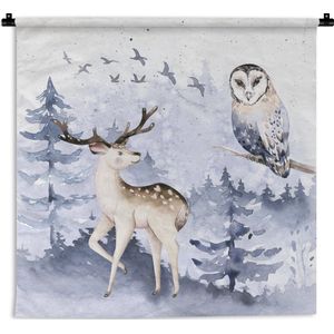 Wandkleed - Wanddoek - Winter - Hert - Uil - 150x150 cm - Wandtapijt