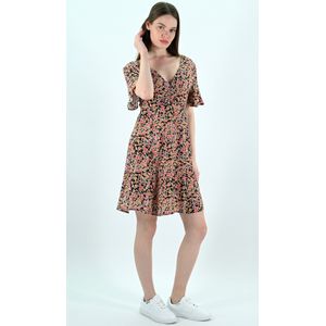 YesMooi - Mini Jurk met Bloemenprint - V-hals en Open Rug - S (36) - Roze | Oranje | Beige