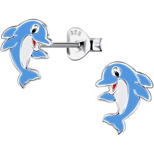 Joy|S - Zilveren dolfijn oorbellen - 8 x 10 mm - blauw wit - rhodium / gehodineerd