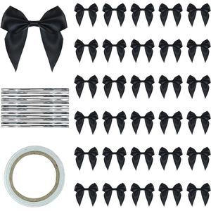 30 stuks linten 7 cm x 7 cm kleine strikken voor decoraties met dubbelzijdig plakband - Meerkleurig satijnen lint voor handwerk decoratie van geschenken (zwart)