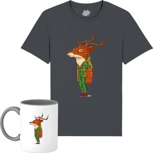 Kris het Kerst Hert - Foute Kersttrui Kerstcadeau - Dames / Heren / Unisex Kleding - Grappige Kerst Avond Outfit - Unisex T-Shirt met mok - Mouse Grijs - Maat 4XL