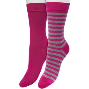 Bonnie Doon Sokken Set Gestreept en Effen voor Dames Donkerroze/Grijs maat 36/42 - Set met 2 paar Sokken - Strepen - Katoenen Sok - Gladde Naden - Brede Boord - Perfecte Pasvorm - 2-pack - Multipack - Roze/Paars - Rose Violet - OL041101.339