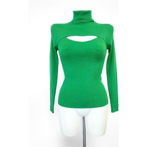 Cut out knitted top - Groen - Trui met stretch voor dames - Top met col - Trui voor vrouwen - Een geheel - Veel stretch - One-size - Een maat