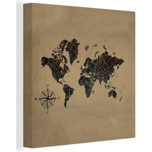 Canvas Wereldkaart - 90x90 - Wanddecoratie Wereldkaart - Goud - Kompas