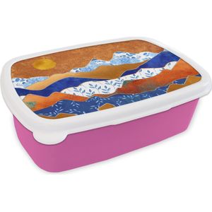 Broodtrommel Roze - Lunchbox - Brooddoos - Delfts Blauw - Goud - Patronen - 18x12x6 cm - Kinderen - Meisje