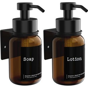 Zeepdispenser Set van 2 – Wandmontage – Moderne Glazen Dispensers – 250 ml – Lijmen of Boren – Vloeibare Zeepdispenser voor Handzeep, Shampoo, Afwasmiddel, Douchegel – Badkamer Accessoire – Minimalistisch Design