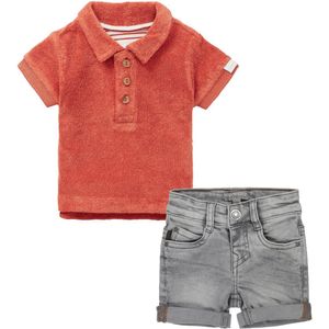 Koko Noko - Noppies - Kledingset - 2delig - Short Grey denim - Poloshirt Tonga Fox bruin - Maat 86