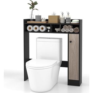 Toiletkast badkamer bovenbouwkast, toiletstandaard met verstelbare planken, badkamerrek hout, badkamerkast vrijstaand (zwart) HMTM-BA7881