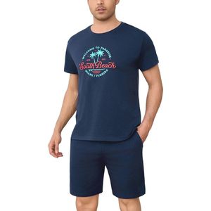 Korte Katoenen Pyjama voor Heren - Zomerw.rounde Hals en Shorts