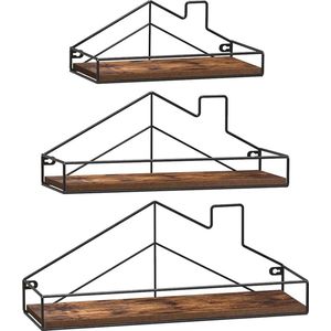 Wandrek, 3-delige set, hangrek, zwevend rek, industrieel, plank met metalen frame, hangend met huisvorm, design, voor woonkamer, keuken, vintage bruin