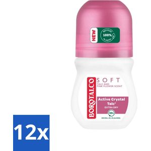 12 x Borotalco - Deodorant Roller - Soft - Talc & Pink Flower - 0% Alcohol - 50 ml - Borotalco Deodorant - Deodorant Roller - Antitranspirant - Talc Deodorant - Rozengeur