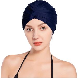 Badmuts - Beschermende badmuts met hoge elasticiteit - Elastisch bereik 32,5-70 cm - Kleurrijk - Geplooide grote nylon badmuts - Comfortabele badmuts met warmwaterbron - Geschikt voor volwassen mannen en vrouwen met lang haar - Marineblauw