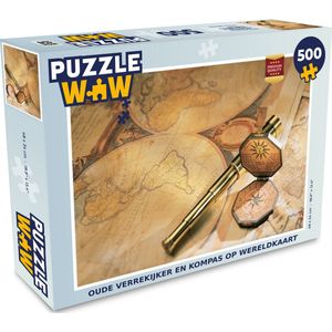 Puzzel Oude verrekijker en kompas op wereldkaart - Legpuzzel - Puzzel 500 stukjes
