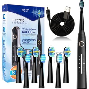 Elektrische tandenborstel-elektrische-tandenborstels-electrische tandenborstel-elektrische tandenborstel voor volwassenen - 5 reinigingsstanden - 8 koppen 40.000 VPM - Reistandenborstel - USB-oplaadbaar - 4 uur opladen voor 30 dagen - Zwart