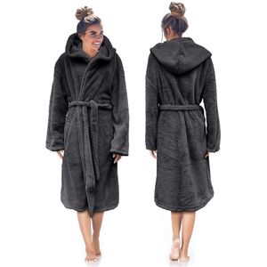 LINNICK Teddy Fleece Badjas met Capuchon inclusief Teddy Tas - Dark Grey - L - Badjas Dames - Badjas Heren