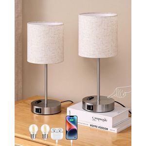 Tactiele Bedlampen - Set van 2 - USB-poorten - Stopcontact - LED-lamp - Verstelbare Helderheden - Moderne Tafellamp - Slaapkamer Woonkamer - Beige Linnen Lampenkap