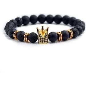 Armband – kralenarmband – lava kralen 7 mm – gouden details – handgemaakt – met gouden kroon bedel – Boho Style – 18 cm – Feel Good Store – Zwart | Goud