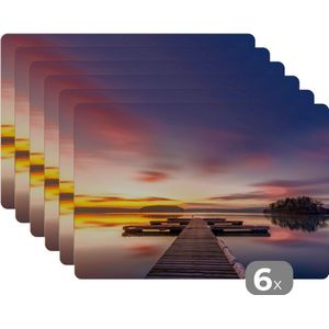 Placemat - Placemats kunststof - Steiger - Zonsondergang - Water - Zee - Reflectie - 45x30 cm - 6 stuks - Hittebestendig - Anti-Slip - Onderlegger - Afneembaar
