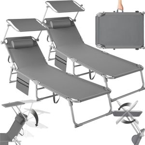 tectake® - Set van 2 ligbedden ligstoelen- 4 standen , inklapbaar -grijs - 68 x 190 x 28 cm , met zijvak