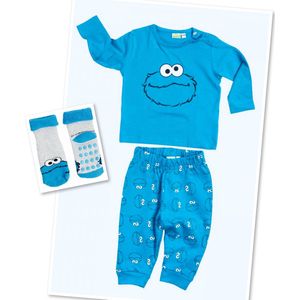 Sesamstraat babyset 3-delig - Koekie Monster - Cookie Monster - 2-delige set + 1 paar sokjes - Blauw/Grijs - Set maat 62/68 + Sokjes 15/18