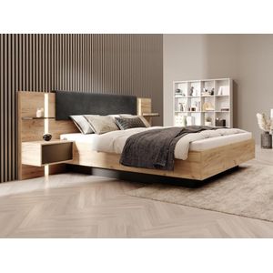 Vente-unique Bed met nachtkastjes 160 x 200 cm - Met ledverlichting - Kleur: naturel en antraciet - ELYNIA L 256.4 cm x H 104.4 cm x D 210 cm