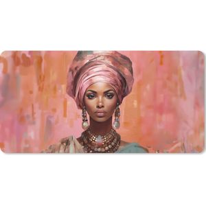 Muismat XXL - Bureau onderlegger - Bureau mat - Kunst - Vrouw - Roze - Sieraden - Portret - 100x50 cm - XXL muismat