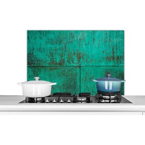 Spatscherm keuken 90x60 cm - Kookplaat achterwand Groene patina op een koperen achtergrond - Muurbeschermer - Spatwand fornuis - Hoogwaardig aluminium