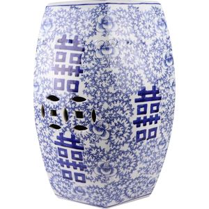 Fine Asianliving Keramische Kruk Blauw Wit Handgeschilderd Chinese Double Happiness D33xH45cm Keramiek Bijzettafel Porselein Stoel Tuinkruk