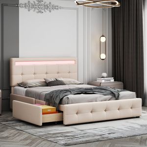 Sweiko 140 x 200 cm Gestoffeerd bed met LED, Flat noedles frame bedbox op wielen, Eenpersoonsbed met hoofdbord 4 lades, linnenoppervlak kinderbed jeugdbed gastenbed, Beige (geen matras)