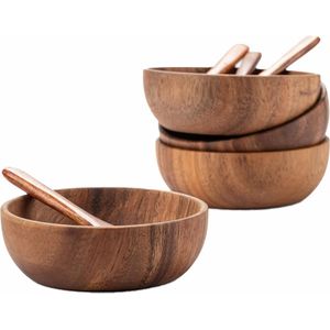 muso wood Wooden Snack Bowl Dip Bowl Set - Solid Acacia Wood Snack Plate - 10 x 3.8 cm 4 Piece Serving Bowl Set - for Side Dishes, Nuts etc. - Bonus 4 Free Spoons