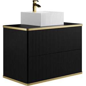 Hangend badkamermeubel met gestreepte gouden rand en opzetwastafel - Zwart - 80 cm - KELIZA L 80 cm x H 54 cm x D 47 cm