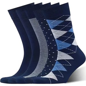 Herenkledingsokken, 5-pack geassorteerd patroon, effen, gestreept, argyle, gestippelde ronde sokken cadeau voor heren schoenmaat,Marineblauwe mix
