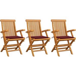 The Living Store Tuinstoelen 3 st met wijnrode kussens massief teakhout - Tuinstoelen - Teak Hout - Buitensteun - Lounge Stoel - Tuinset