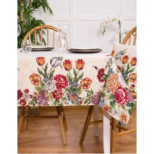 Tafelkleed - Luxe Gobelinstof - Poline - Tulpen - Tulp - Diverse kleurige bloemen - Vierkant 100 x 100 cm