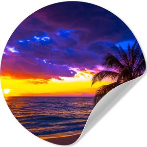 WallCircle - Behangcirkel - Zonsondergang - Paars - Zee - Palmboom - Zelfklevend behang - 30x30 cm - Behang zelfklevend - Behang rond - Behang cirkel