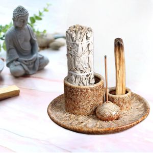 4-in-1 Incense Bowl for Any Incense Sticks Palo Santo White Sage Incense Sticks Candle Holder Ceramic Ash Catcher Meditation Room Tray Yoga (old)