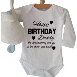 Baby Rompertje tekst Happy Birthday Daddy | Lange mouw | wit  zwart | maat 50-56 romper papa gefeliciteerd