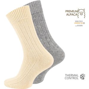 2 paar Wollen sokken met Alpacawol - Fijn gebreid - Unisex - Ecru-Grijs - Maat 47-50