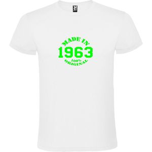 Wit T-Shirt met “Made in 1963 / 100% Original “ Afbeelding Neon Groen Size XS