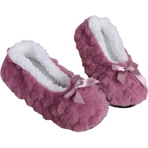 GoobiSales Warme Dames Pluche Slippers – Zachte Antislip Pantoffels voor Binnen – Comfortabele Bont Huispantoffels met Effen Kleur – Winter Slippers – met Strik – Roze