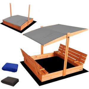 Afsluitbare XL Zandbak met Dak 140x140 cm – Gecertificeerd & Geïmpregneerd Hout | Incl. AFDEKZEIL, GRONDDOEK & Montagevideo | Voor 2-3 Kinderen | Grijs